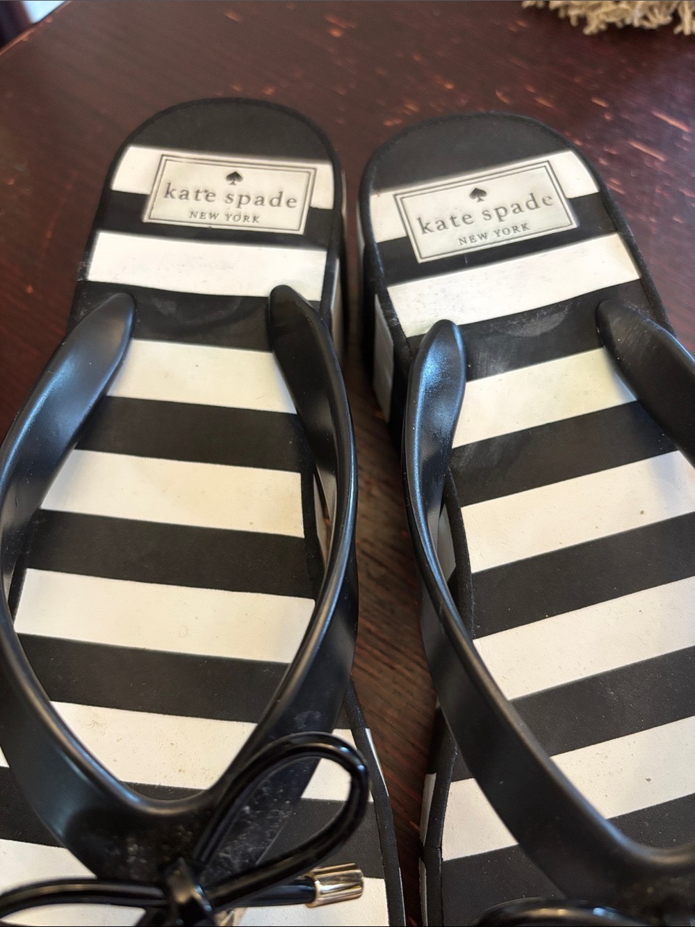 kate spade Black & White Striped Platform Flip Flop Sandals with Bow
